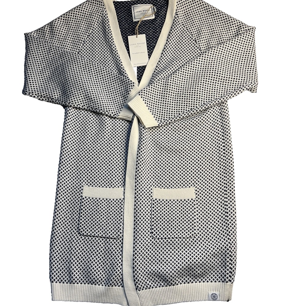 Long Warf Seawell Collection Cream Navy Cardigan Women L Coastal Sustainable NWT